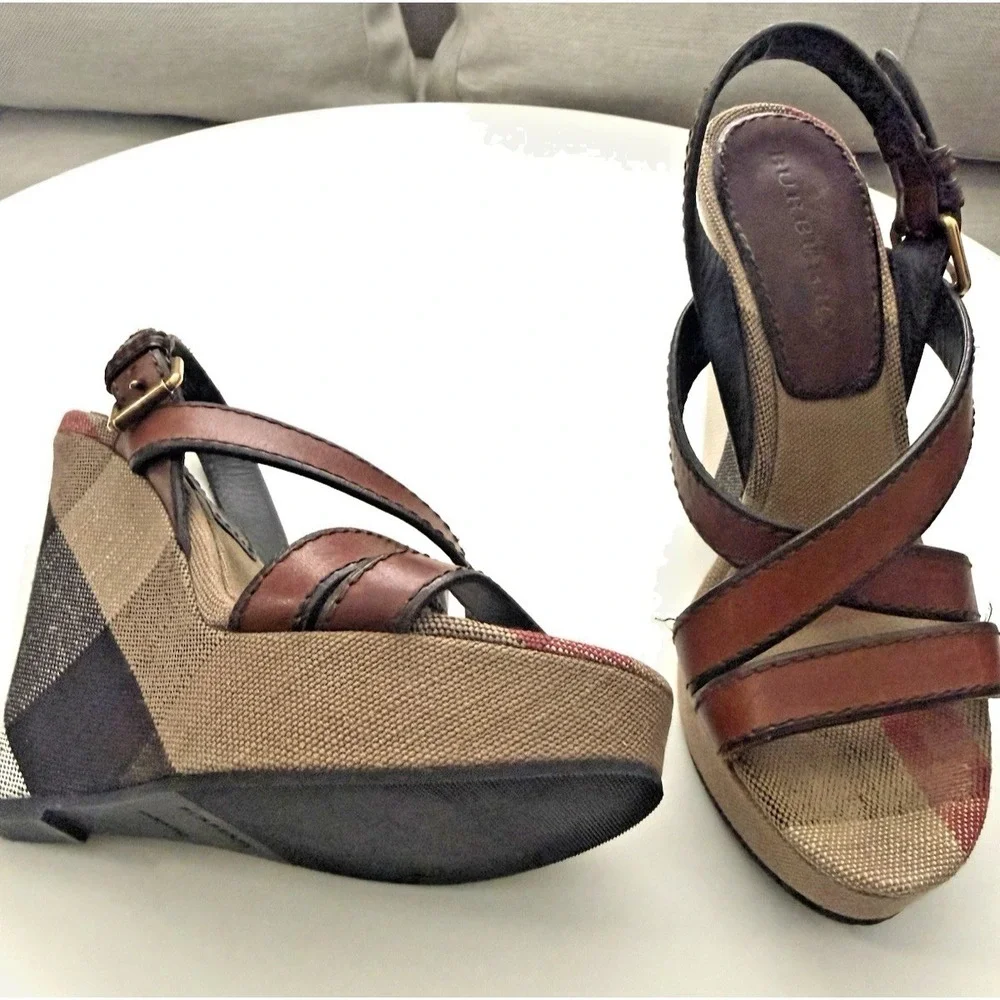 Burberry Brit Canvas Nova Check Warlow 125MM Woman Wedge Sandals US 7